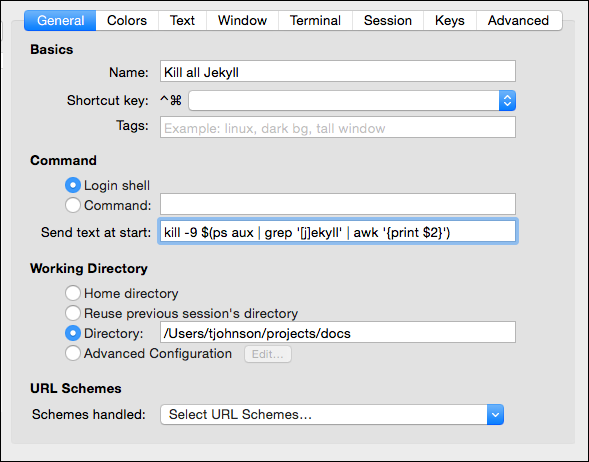 iTerm profile settings to kill all Jekyll